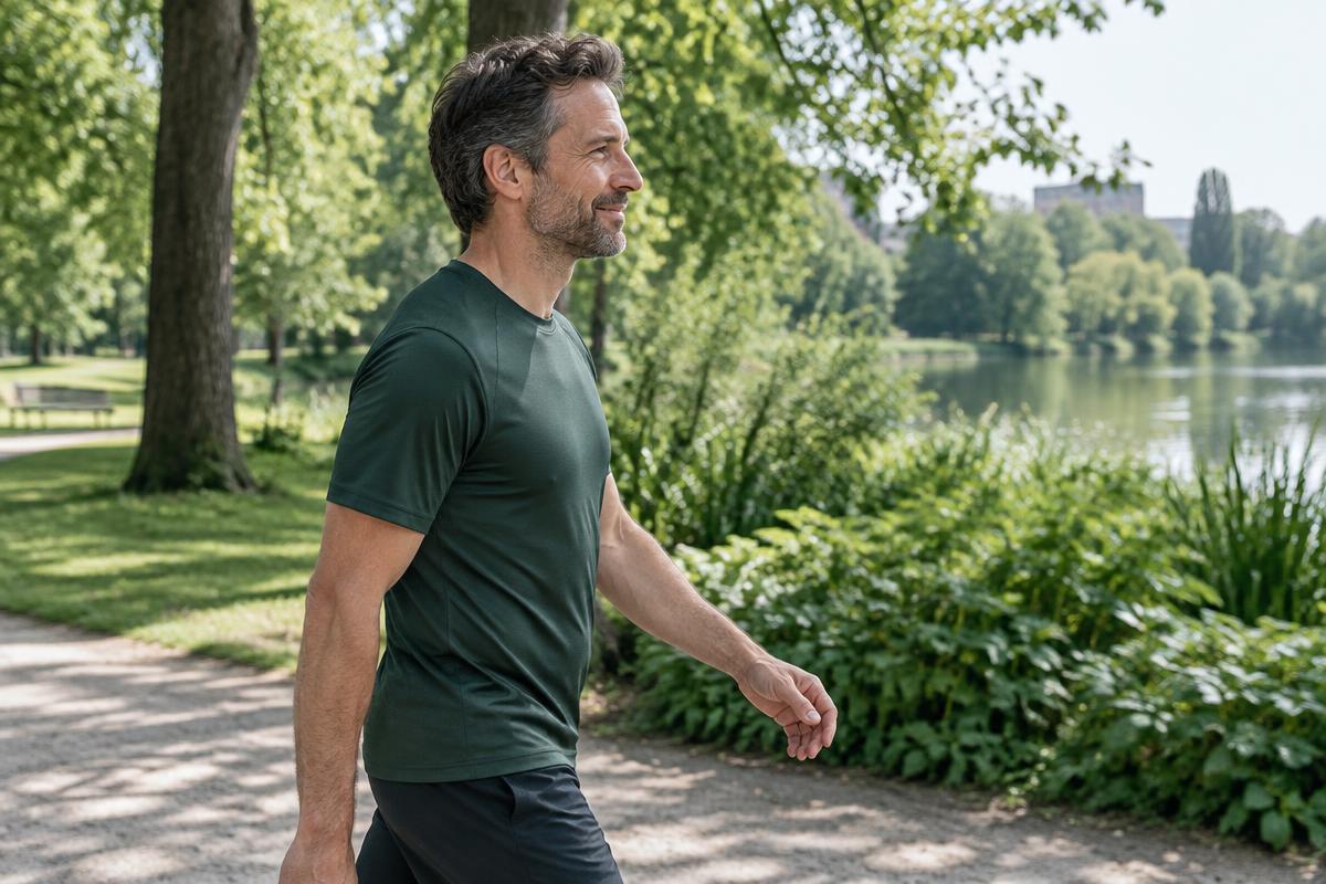 Illustrative photograph of an adult man walking outdoors as part of a daily wellbeing routine