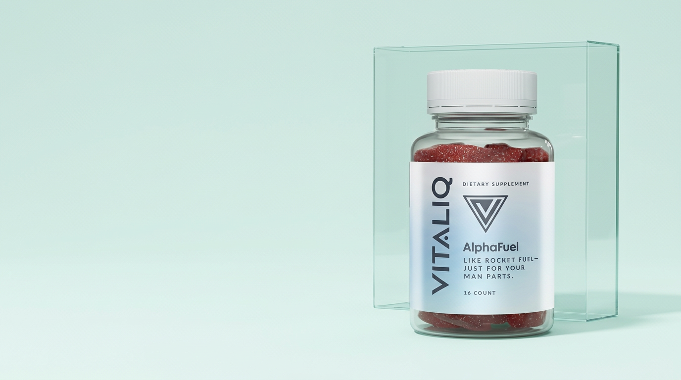 VitaliQ AlphaFuel bottle displayed against a mint backdrop with a transparent glass plinth